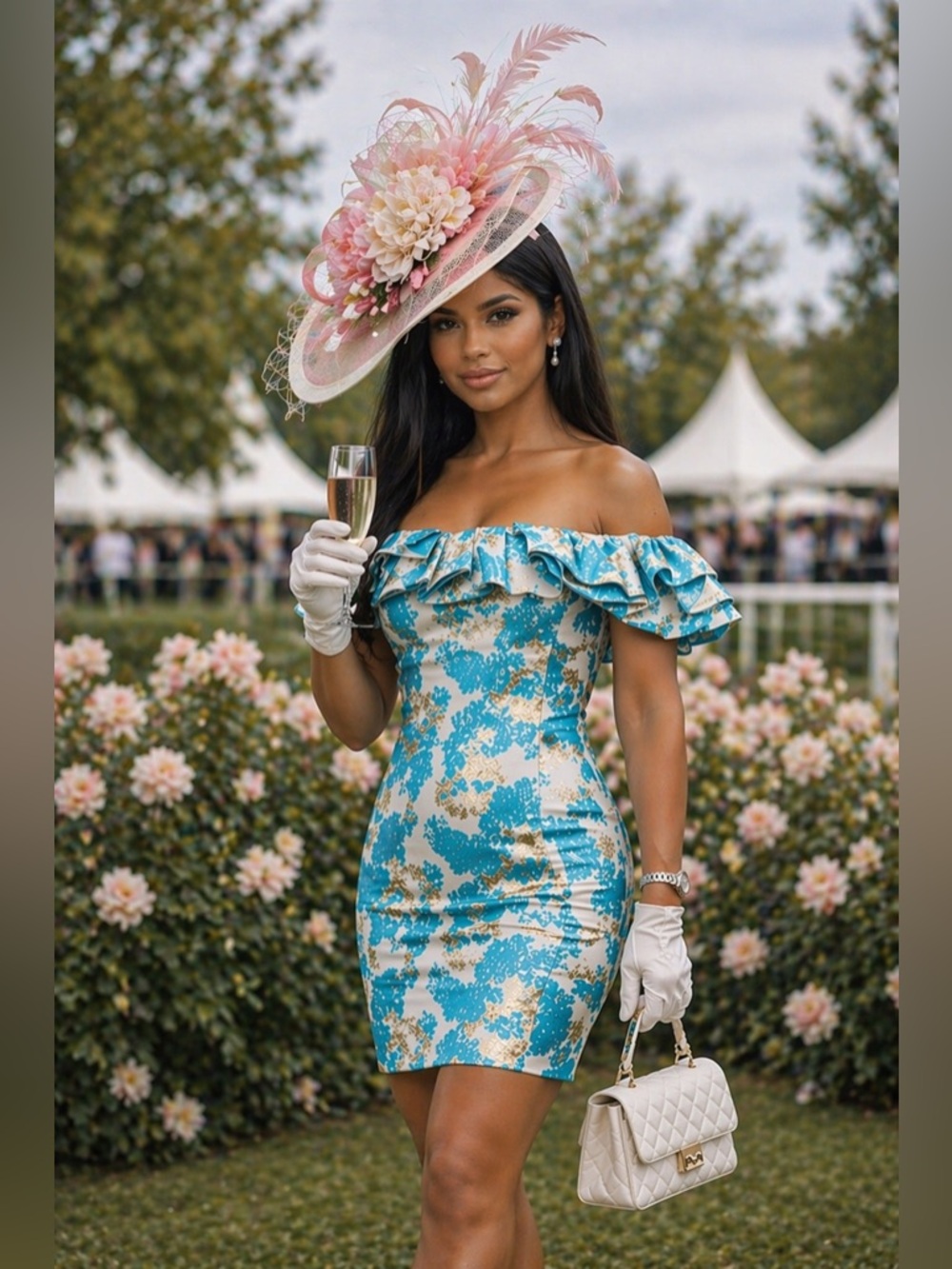 Fashion Nova Turquoise and Cream Floral Off-Shoulder Mini Kentucky Derby Dress